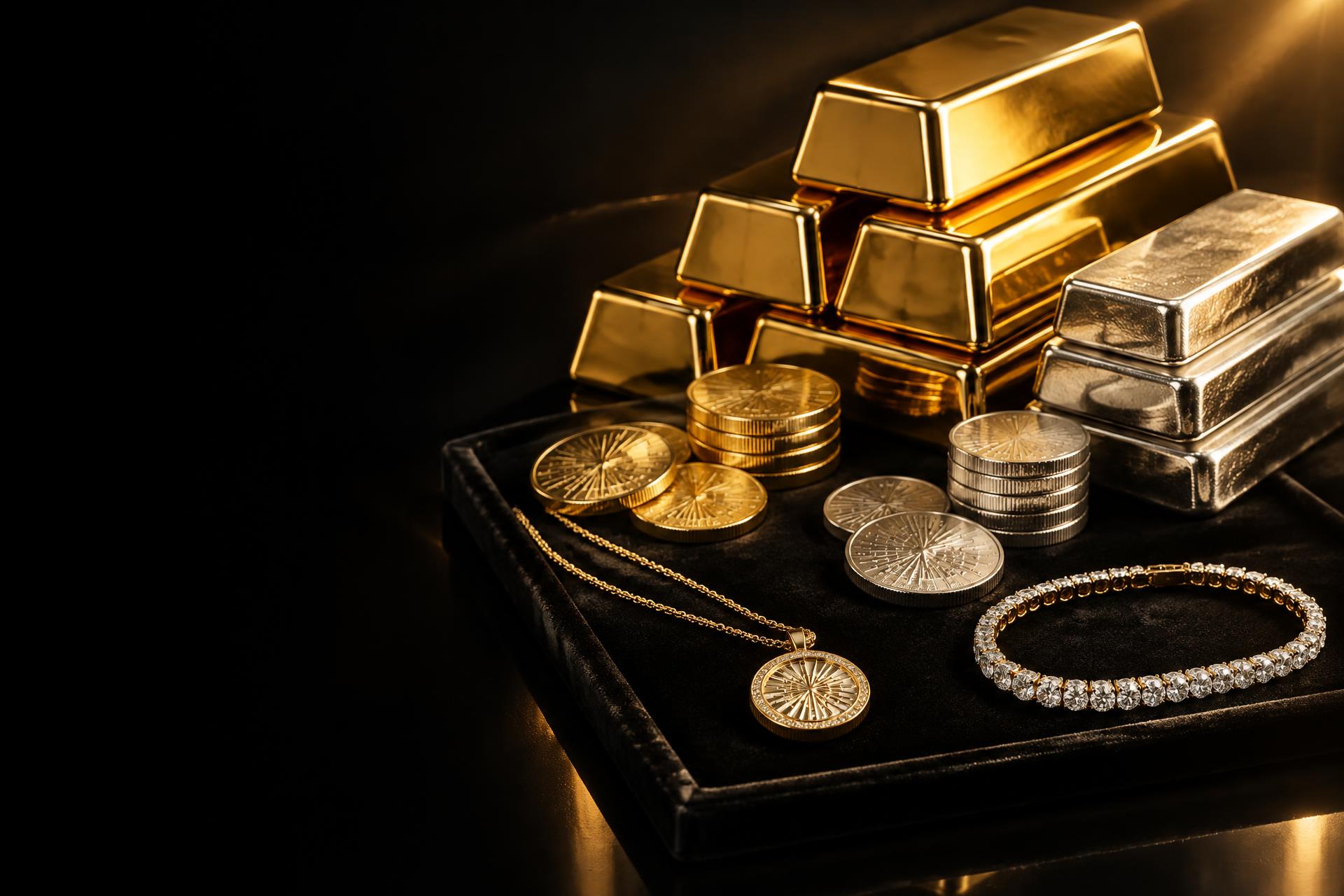 Polished gold and silver bullion, precious-metal coins and fine jewelry on black velvet