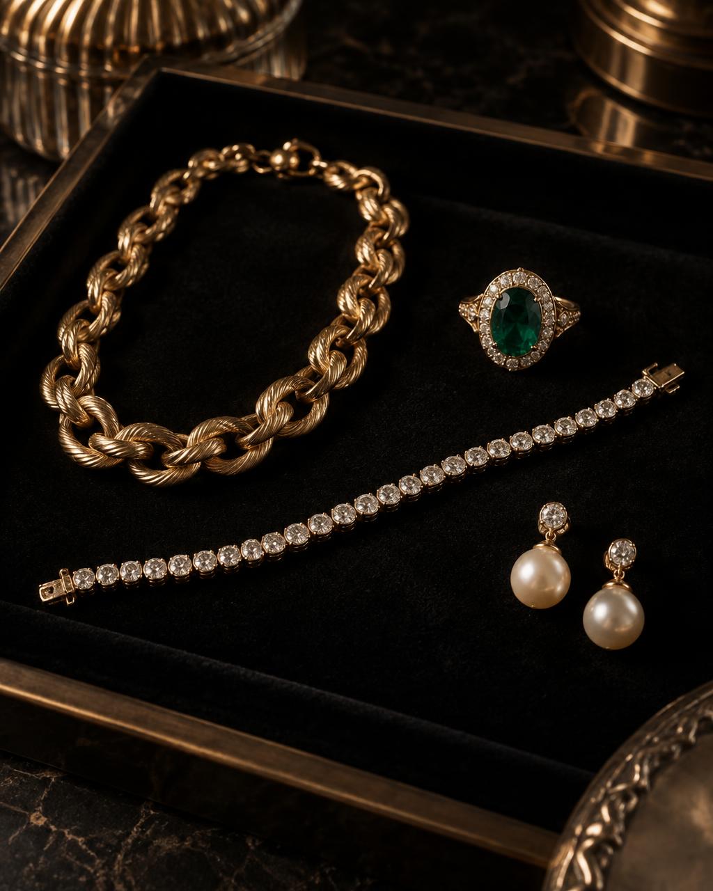 Fine gold and estate jewelry presented on a velvet tray
