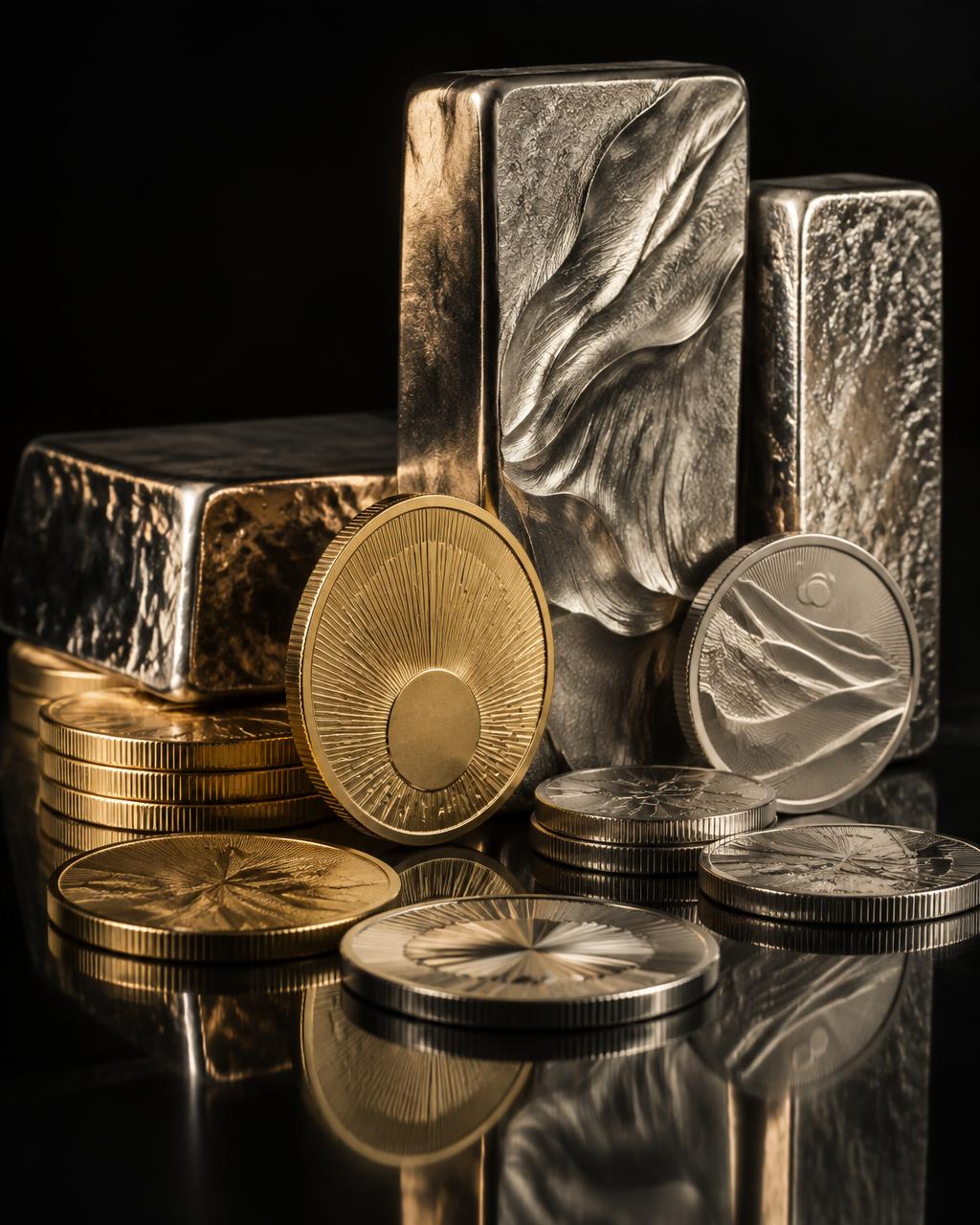 Gold and silver coins with polished precious-metal bullion bars